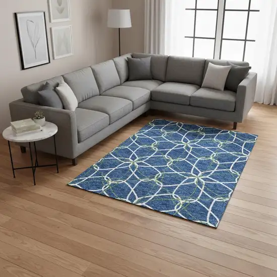 Navy Blue Ivory And Green Geometric Washable Area Rug With UV Protection Photo 2