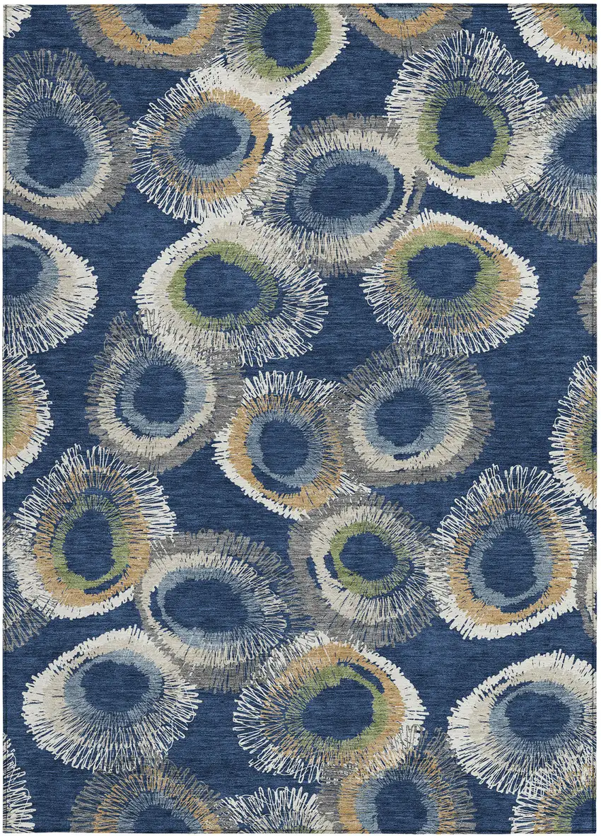 Navy Blue Ivory And Green Geometric Washable Indoor Outdoor Area Rug Photo 4