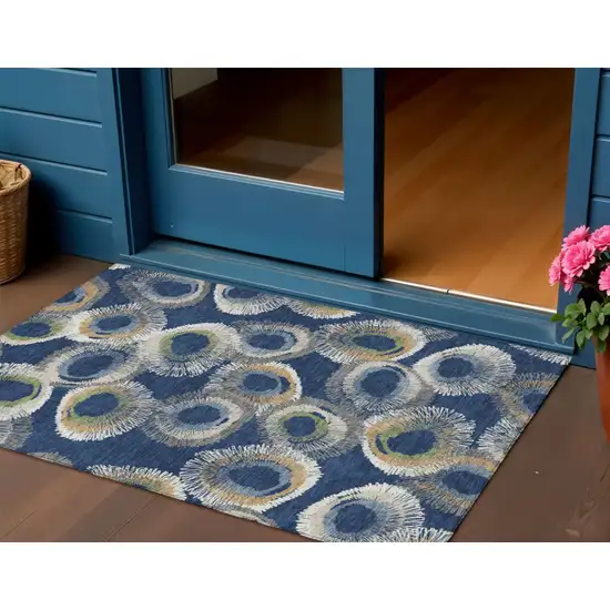 Navy Blue Ivory And Green Geometric Washable Indoor Outdoor Area Rug Photo 1