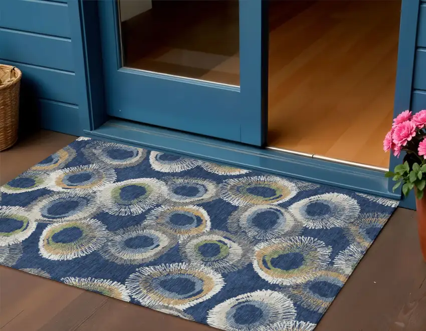 Navy Blue Ivory And Green Geometric Washable Indoor Outdoor Area Rug Photo 1