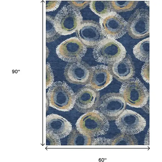 Navy Blue Ivory And Green Geometric Washable Indoor Outdoor Area Rug Photo 3