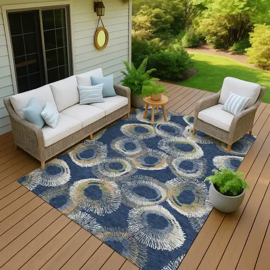 Navy Blue Ivory And Green Geometric Washable Indoor Outdoor Area Rug Photo 9