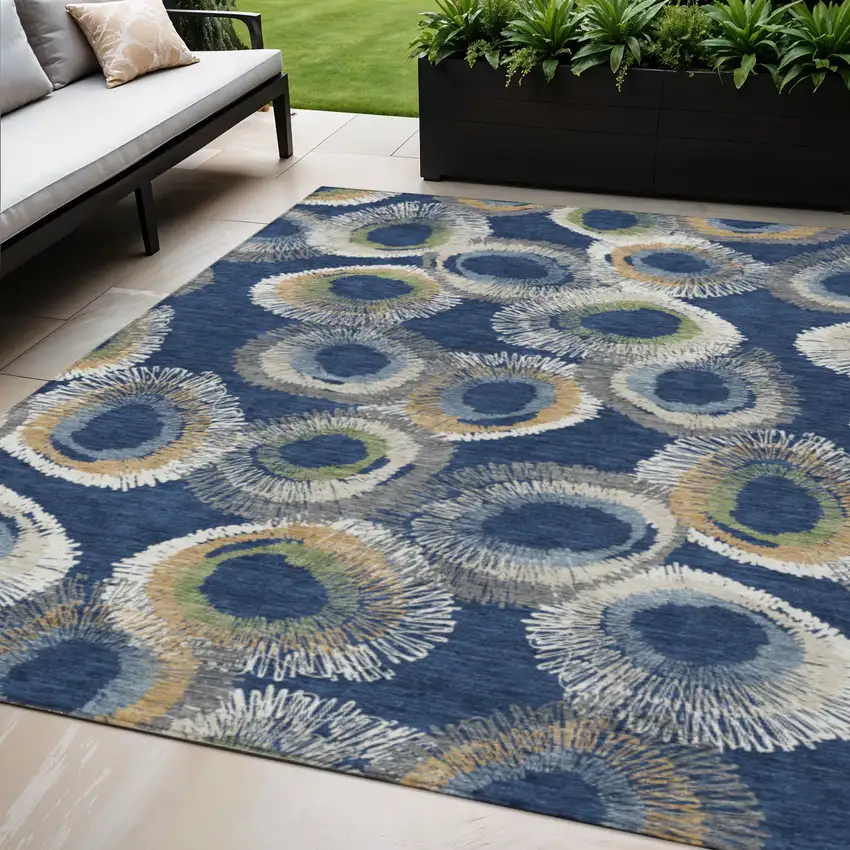 Navy Blue Ivory And Green Geometric Washable Indoor Outdoor Area Rug Photo 1