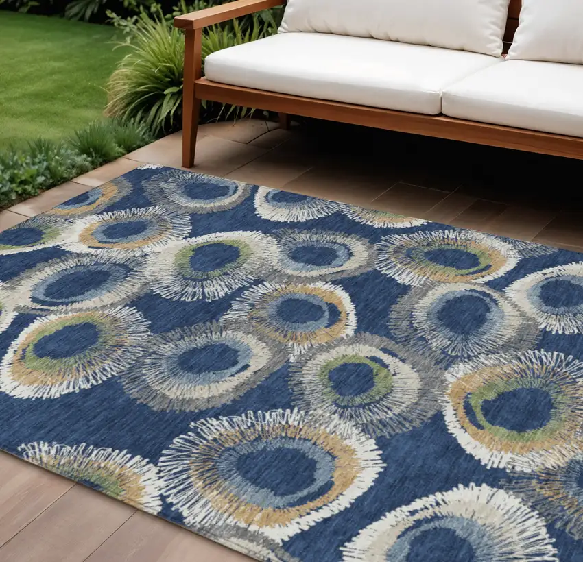 Navy Blue Ivory And Green Geometric Washable Indoor Outdoor Area Rug Photo 1