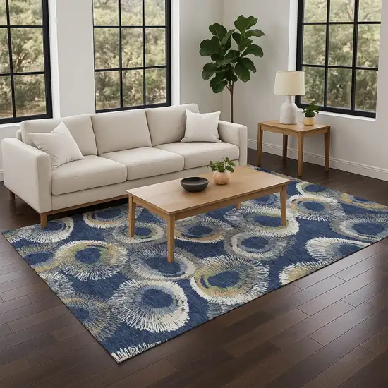 Navy Blue Ivory And Green Geometric Washable Indoor Outdoor Area Rug Photo 8