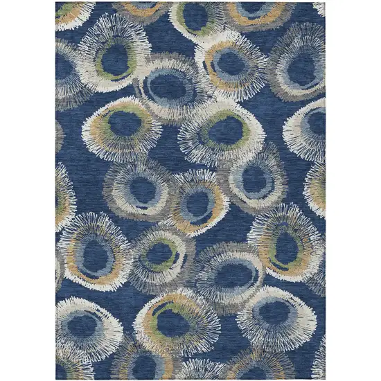 Navy Blue Ivory And Green Geometric Washable Indoor Outdoor Area Rug Photo 1