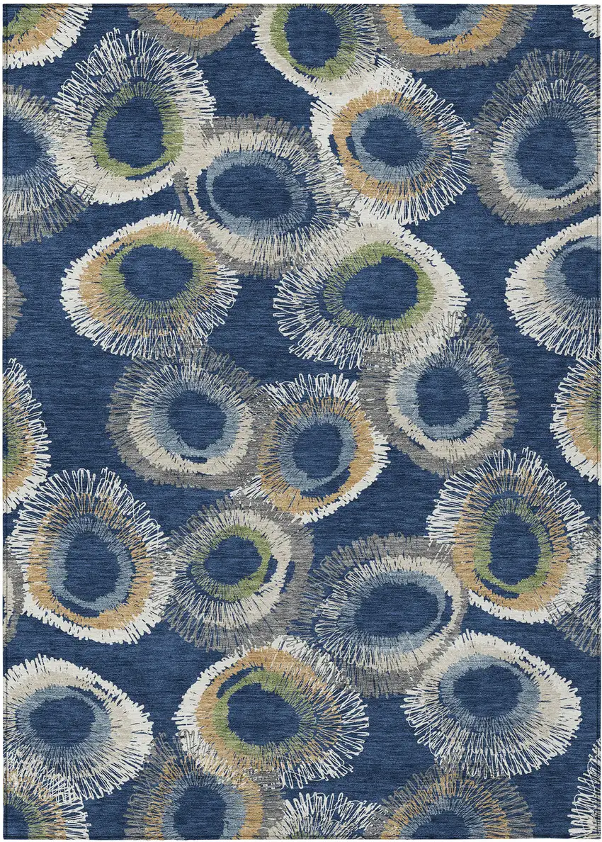 Navy Blue Ivory And Green Geometric Washable Indoor Outdoor Area Rug Photo 1