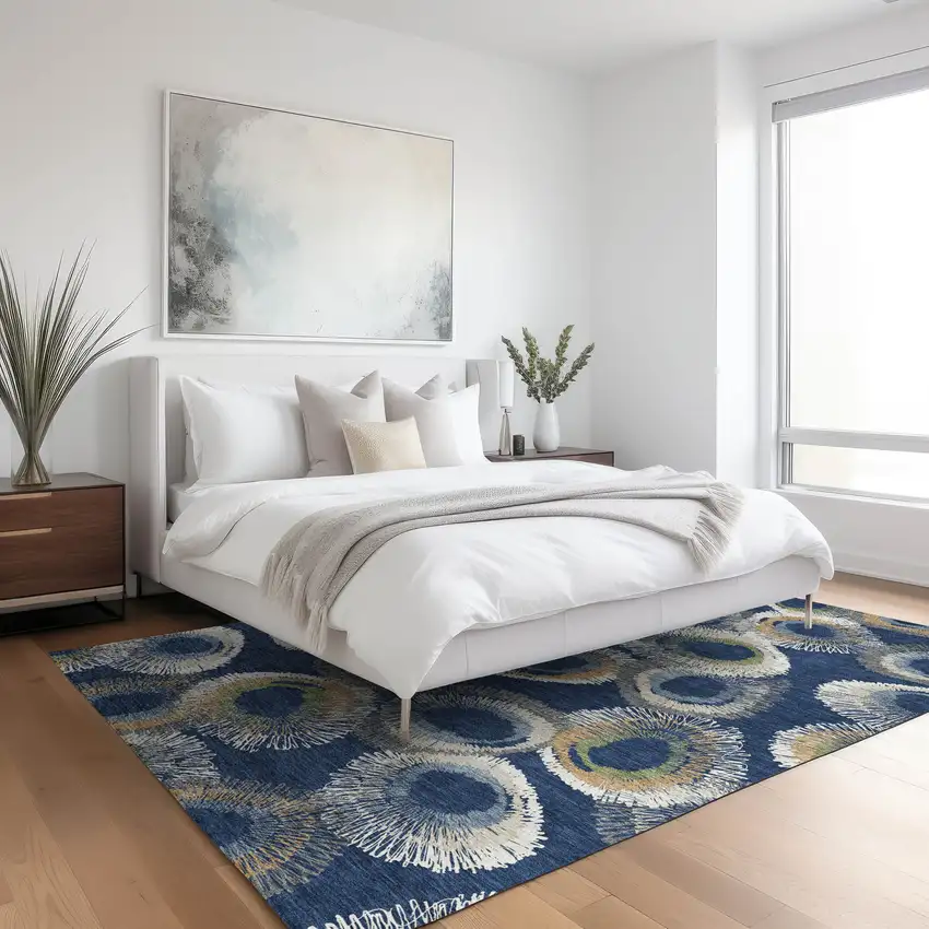 Navy Blue Ivory And Green Geometric Washable Indoor Outdoor Area Rug Photo 9