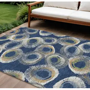 Photo of Navy Blue Ivory And Green Geometric Washable Indoor Outdoor Area Rug
