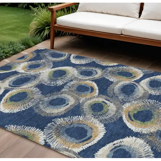 Navy Blue Ivory And Green Geometric Washable Indoor Outdoor Area Rug Photo 1