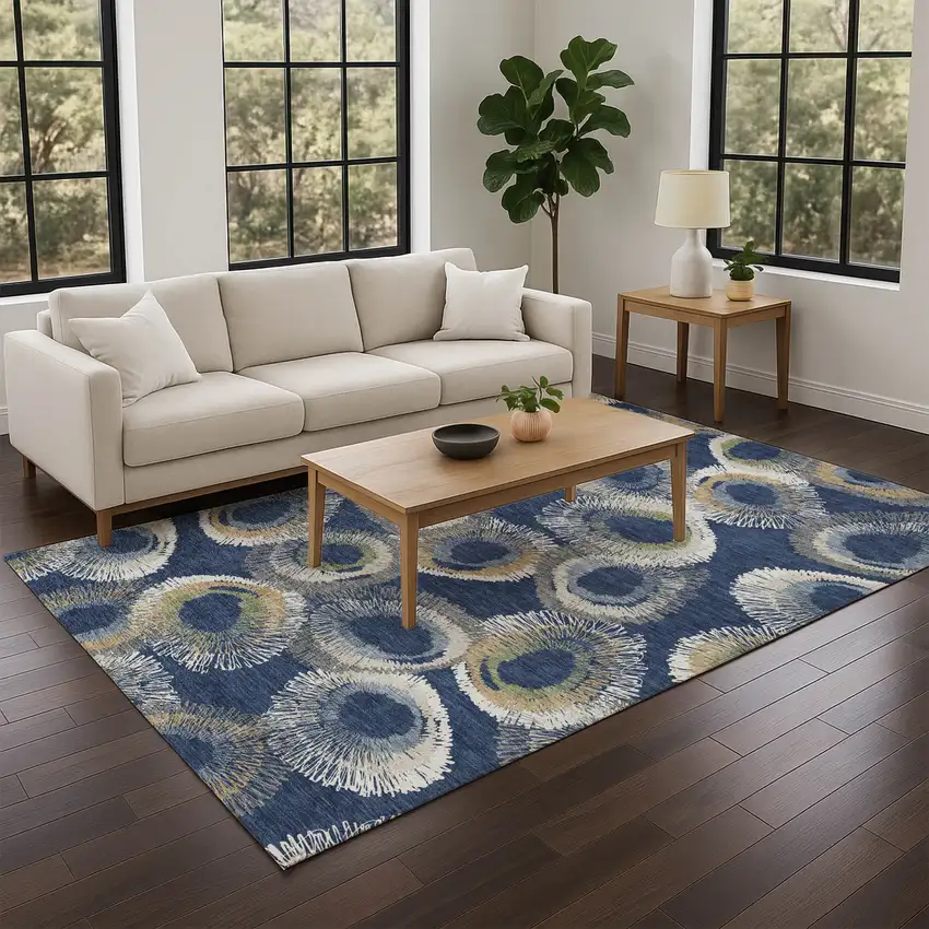 Navy Blue Ivory And Green Geometric Washable Indoor Outdoor Area Rug Photo 9