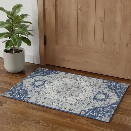 Navy Blue Ivory And Green Oriental Washable Area Rug With UV Protection Photo 1