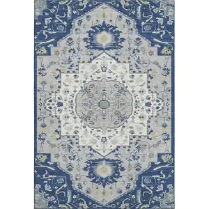 Photo of Navy Blue Ivory And Green Oriental Washable Area Rug With UV Protection