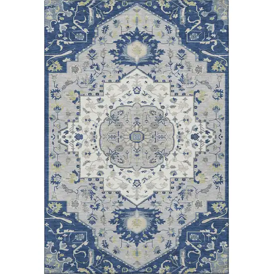 Navy Blue Ivory And Green Oriental Washable Area Rug With UV Protection Photo 3