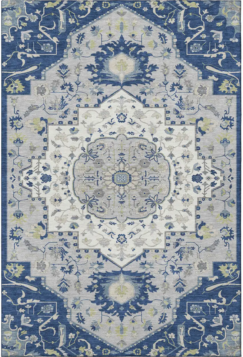 Navy Blue Ivory And Green Oriental Washable Area Rug With UV Protection Photo 3