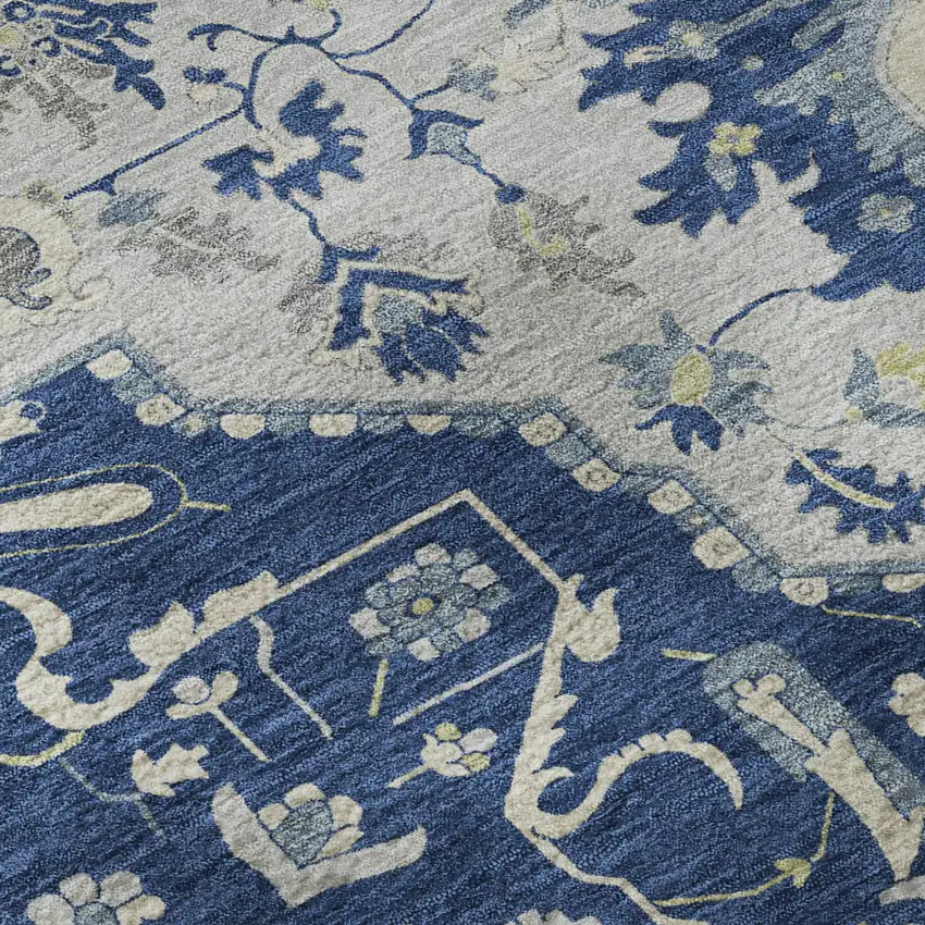 Navy Blue Ivory And Green Oriental Washable Area Rug With UV Protection Photo 9