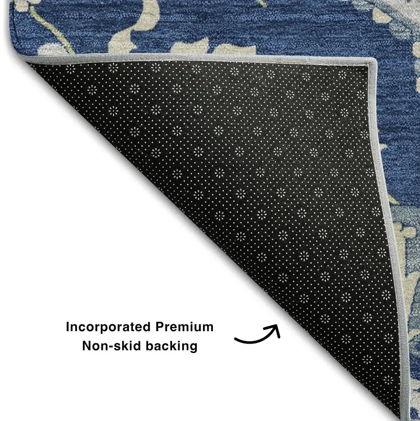 Navy Blue Ivory And Green Oriental Washable Area Rug With UV Protection Photo 6