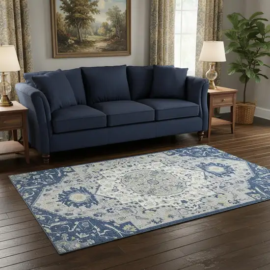 Navy Blue Ivory And Green Oriental Washable Area Rug With UV Protection Photo 2