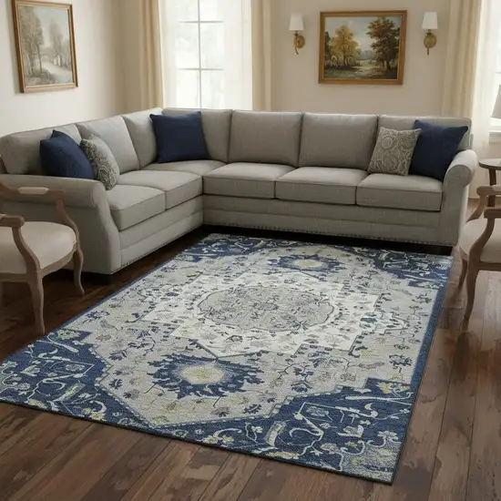 Navy Blue Ivory And Green Oriental Washable Area Rug With UV Protection Photo 2