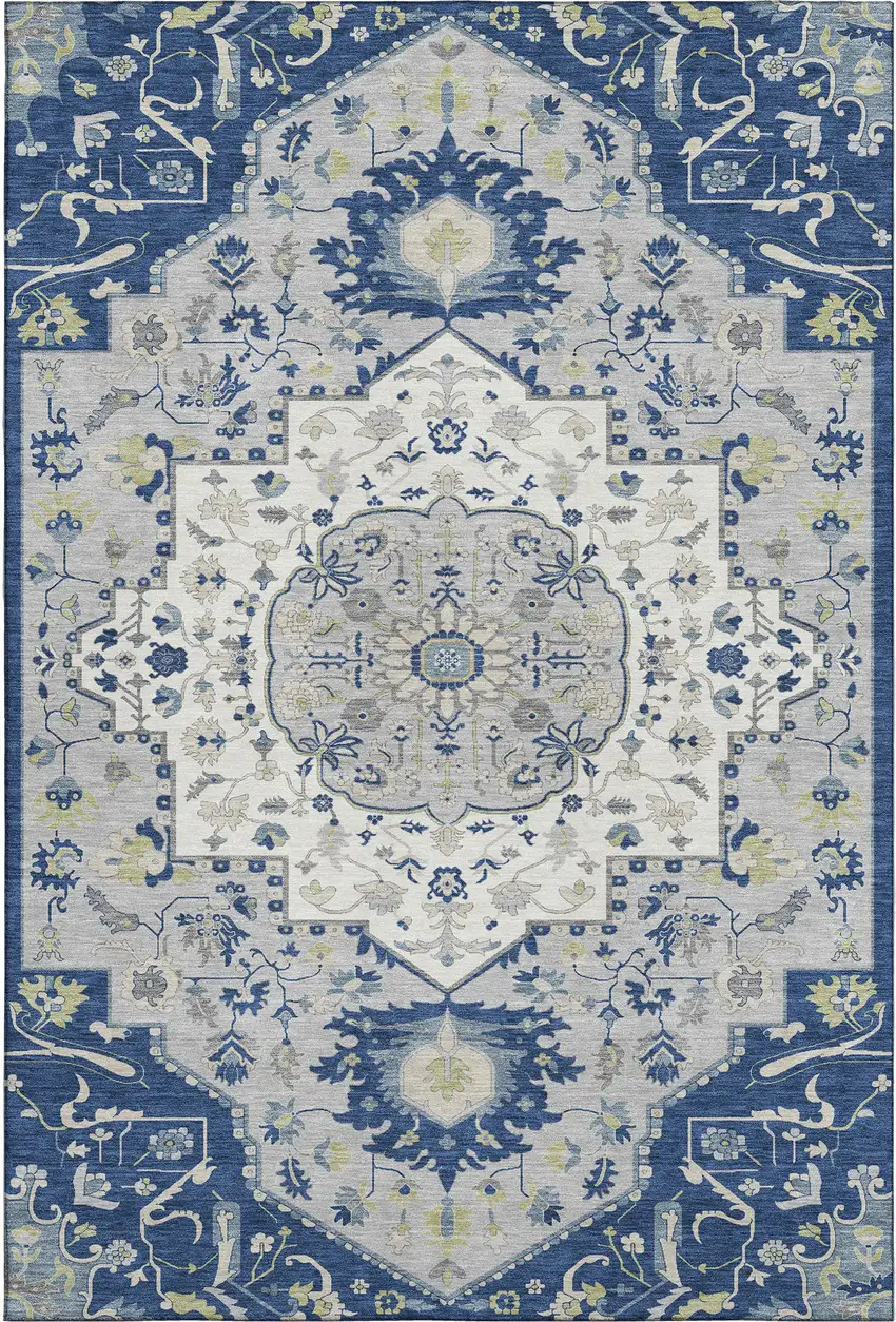 Navy Blue Ivory And Green Oriental Washable Area Rug With UV Protection Photo 1