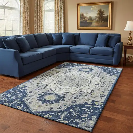 Navy Blue Ivory And Green Oriental Washable Area Rug With UV Protection Photo 2