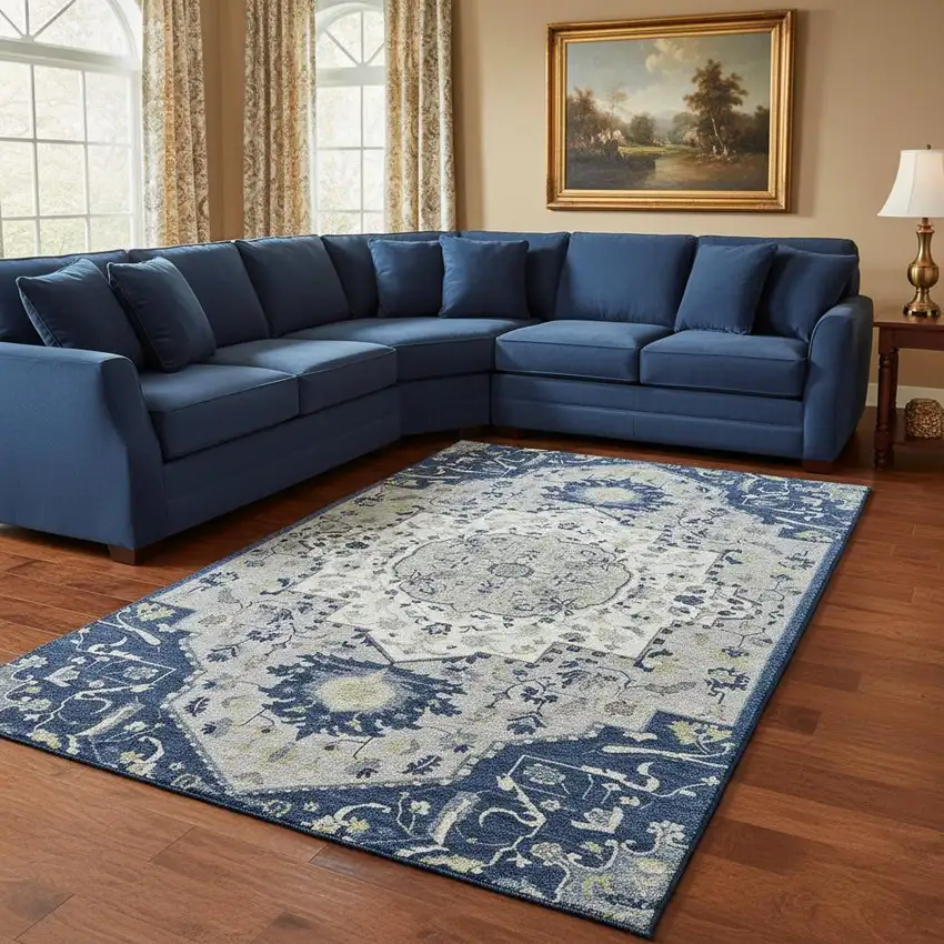 Navy Blue Ivory And Green Oriental Washable Area Rug With UV Protection Photo 2