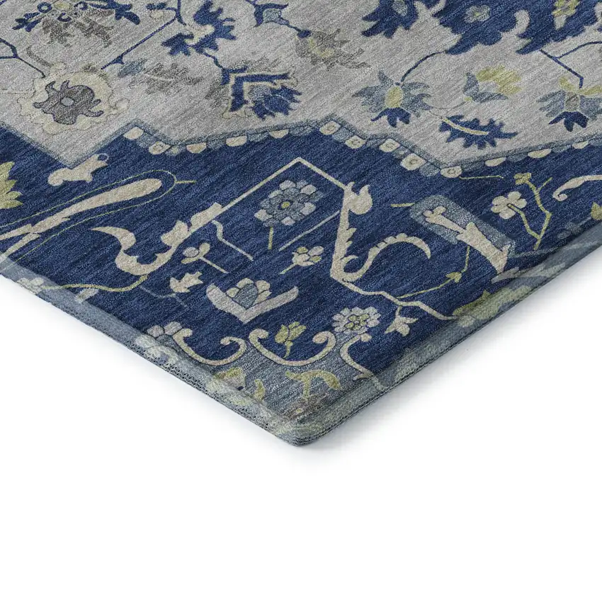 Navy Blue Ivory And Green Oriental Washable Area Rug With UV Protection Photo 7
