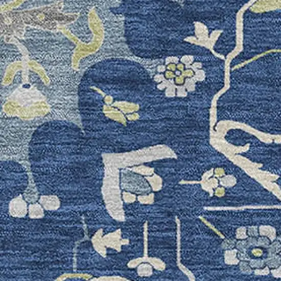 Navy Blue Ivory And Green Oriental Washable Area Rug With UV Protection Photo 2