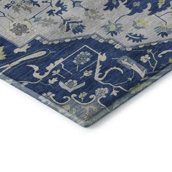 Navy Blue Ivory And Green Oriental Washable Area Rug With UV Protection Photo 7