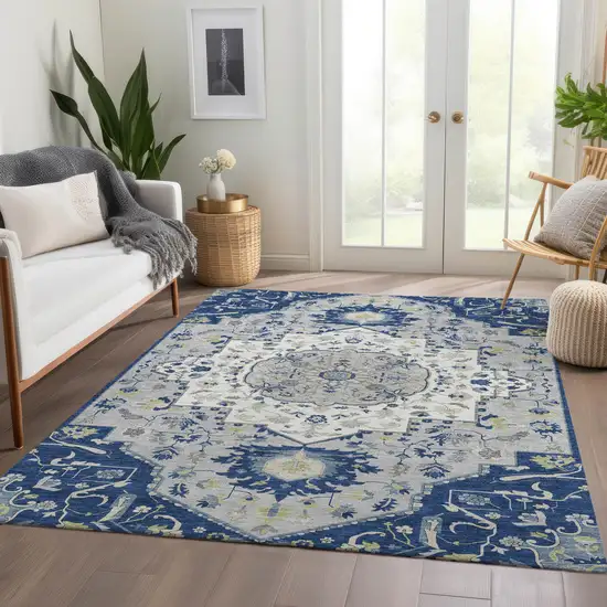 Navy Blue Ivory And Green Oriental Washable Area Rug With UV Protection Photo 5