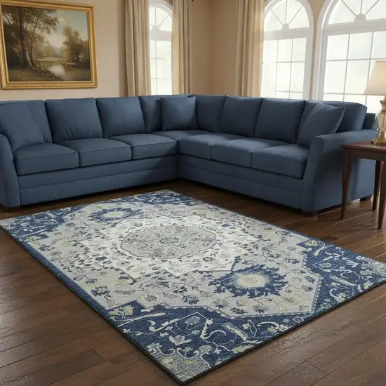 Navy Blue Ivory And Green Oriental Washable Area Rug With UV Protection Photo 2