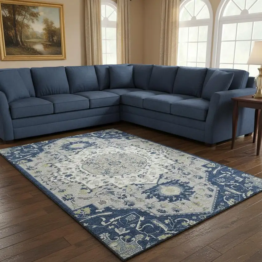 Navy Blue Ivory And Green Oriental Washable Area Rug With UV Protection Photo 2