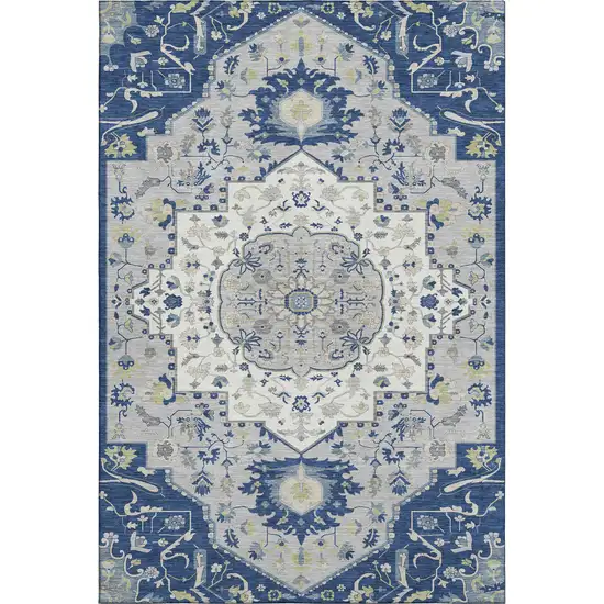 Navy Blue Ivory And Green Oriental Washable Area Rug With UV Protection Photo 1
