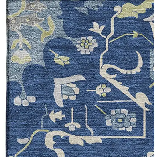 Navy Blue Ivory And Green Oriental Washable Area Rug With UV Protection Photo 2
