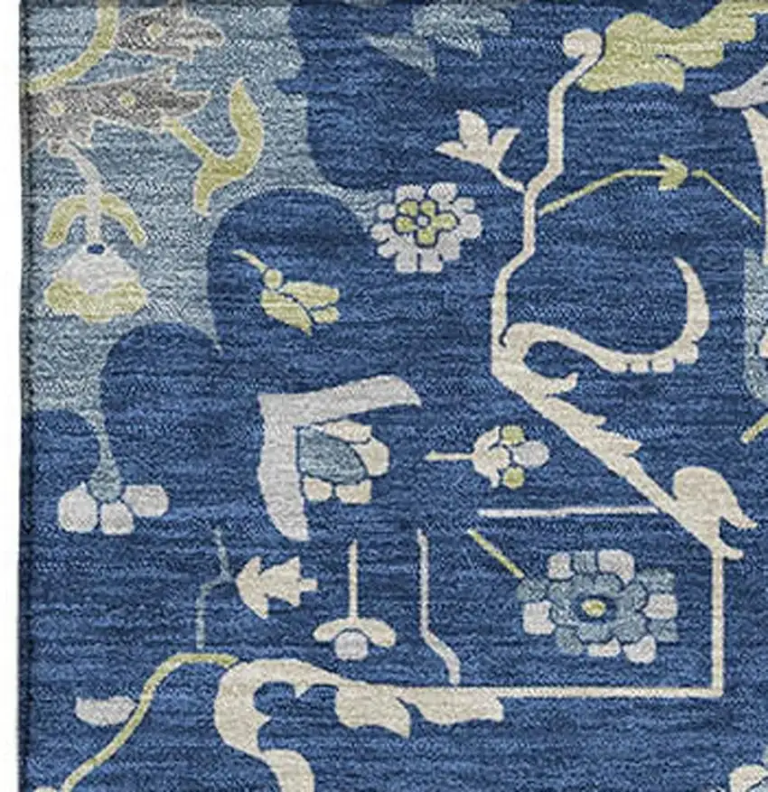 Navy Blue Ivory And Green Oriental Washable Area Rug With UV Protection Photo 2