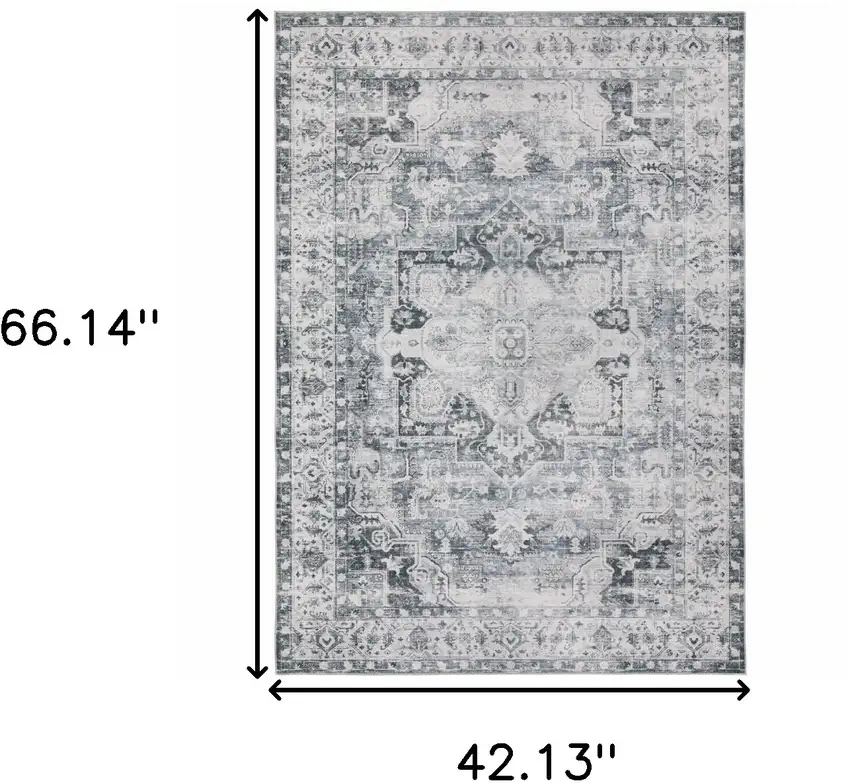 Navy Blue Ivory And Grey Oriental Printed Stain Resistant Non Skid Area Rug Photo 3