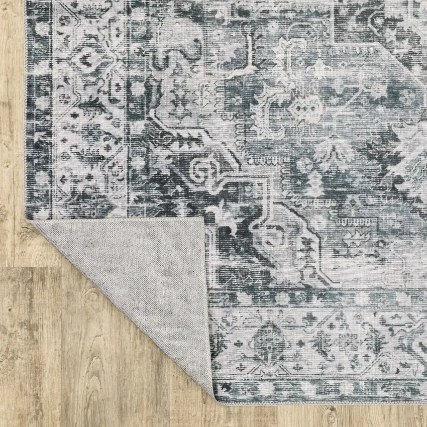 Navy Blue Ivory And Grey Oriental Printed Stain Resistant Non Skid Area Rug Photo 8