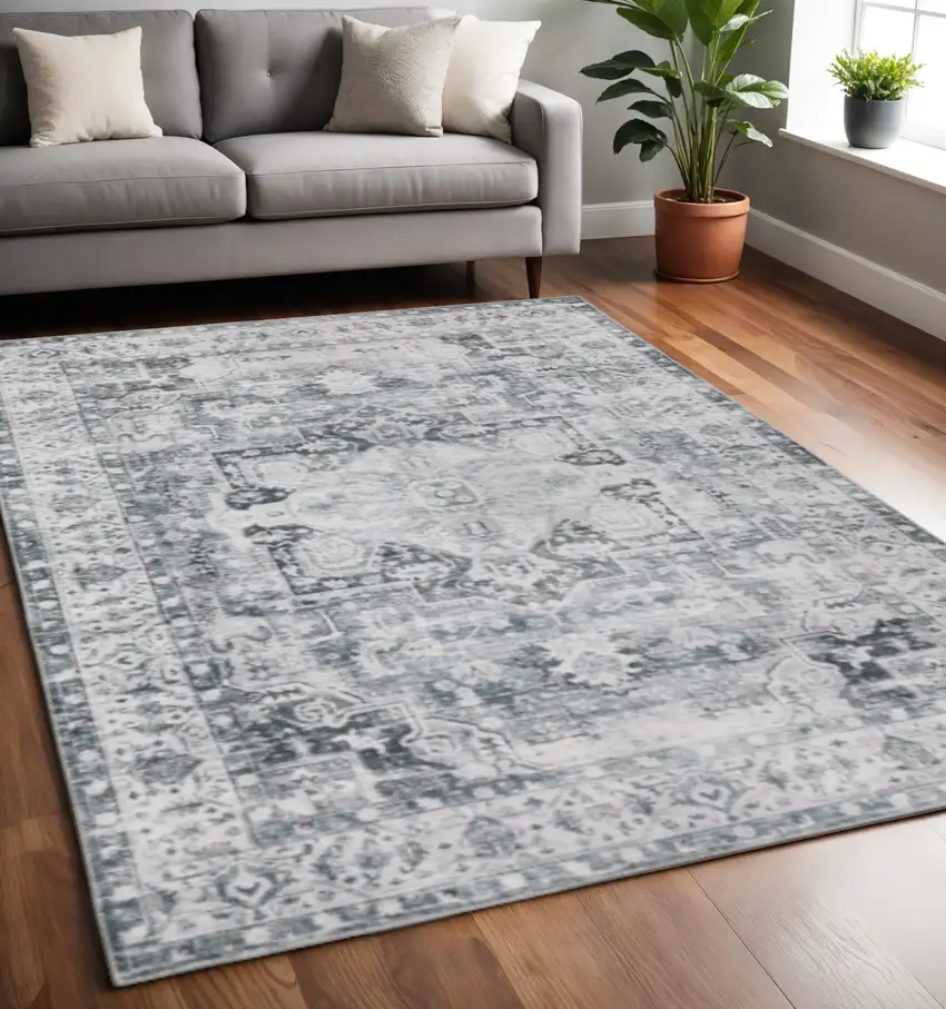 Navy Blue Ivory And Grey Oriental Printed Stain Resistant Non Skid Area Rug Photo 1