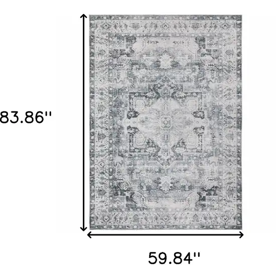 Navy Blue Ivory And Grey Oriental Printed Stain Resistant Non Skid Area Rug Photo 3