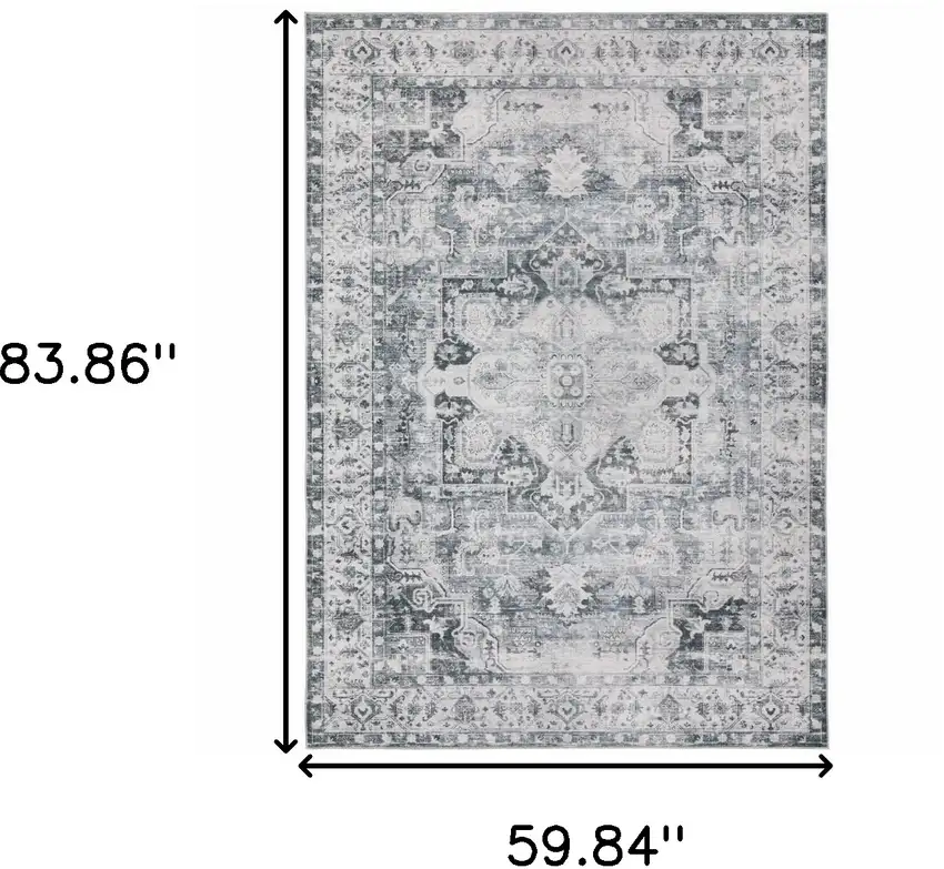 Navy Blue Ivory And Grey Oriental Printed Stain Resistant Non Skid Area Rug Photo 3