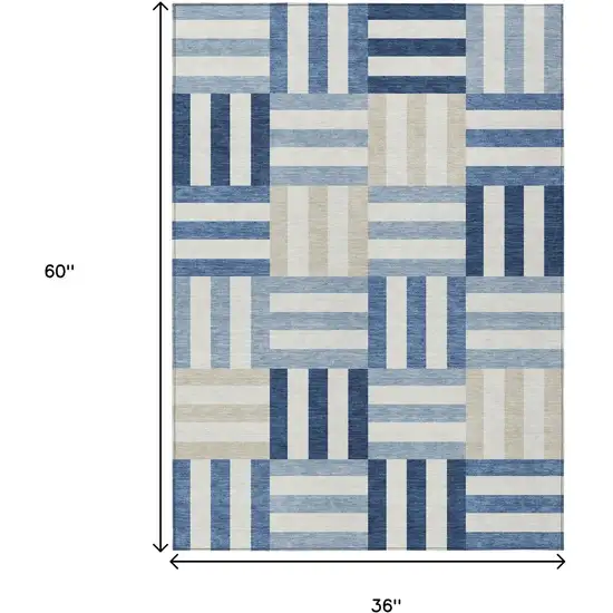 Navy Blue Ivory And Khaki Geometric Washable Indoor Outdoor Area Rug Photo 3