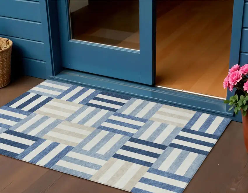 Navy Blue Ivory And Khaki Geometric Washable Indoor Outdoor Area Rug Photo 1