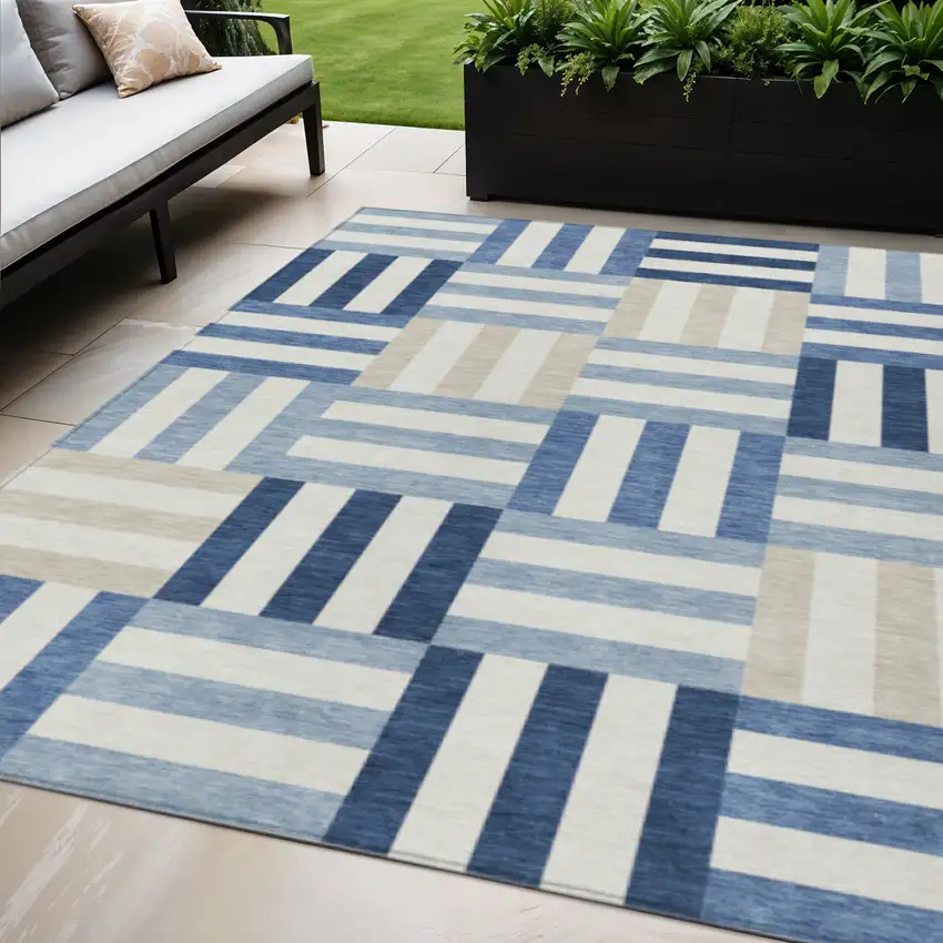 Navy Blue Ivory And Khaki Geometric Washable Indoor Outdoor Area Rug Photo 1