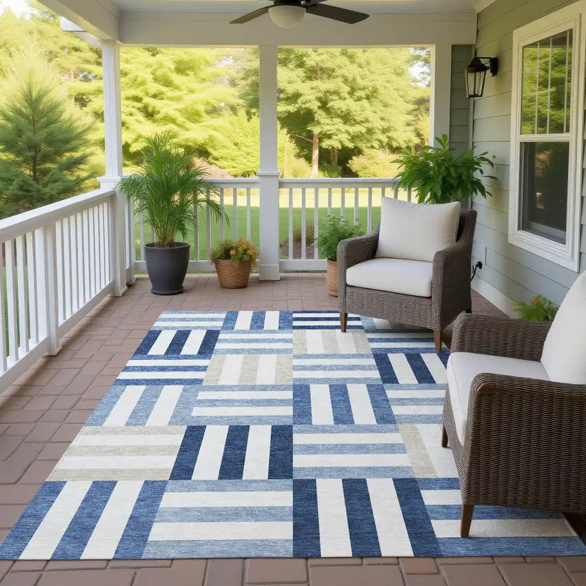 Navy Blue Ivory And Khaki Geometric Washable Indoor Outdoor Area Rug Photo 9
