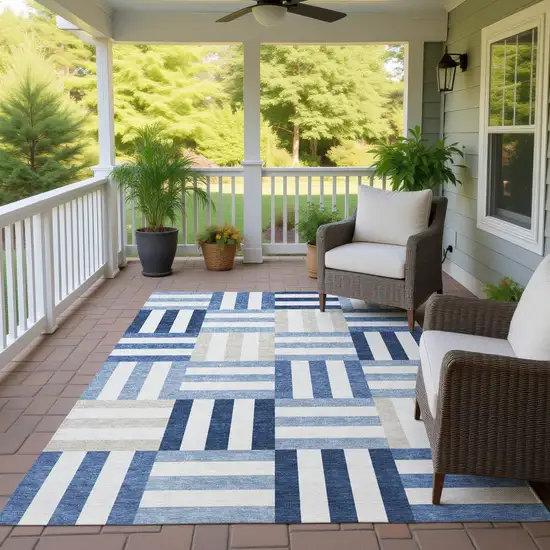 Navy Blue Ivory And Khaki Geometric Washable Indoor Outdoor Area Rug Photo 9