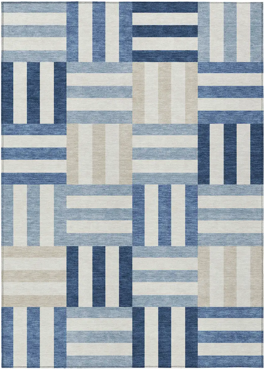Navy Blue Ivory And Khaki Geometric Washable Indoor Outdoor Area Rug Photo 2