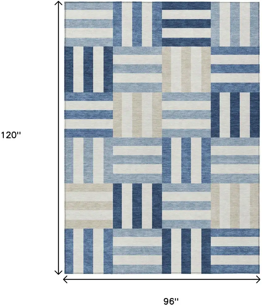 Navy Blue Ivory And Khaki Geometric Washable Indoor Outdoor Area Rug Photo 3