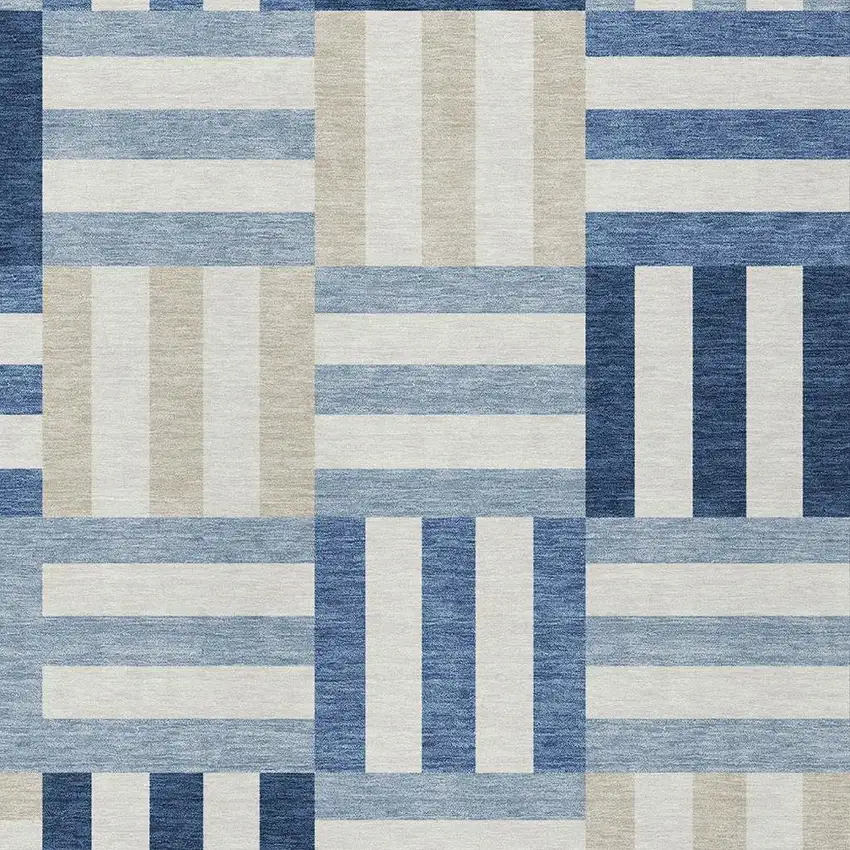 Navy Blue Ivory And Khaki Geometric Washable Indoor Outdoor Area Rug Photo 6