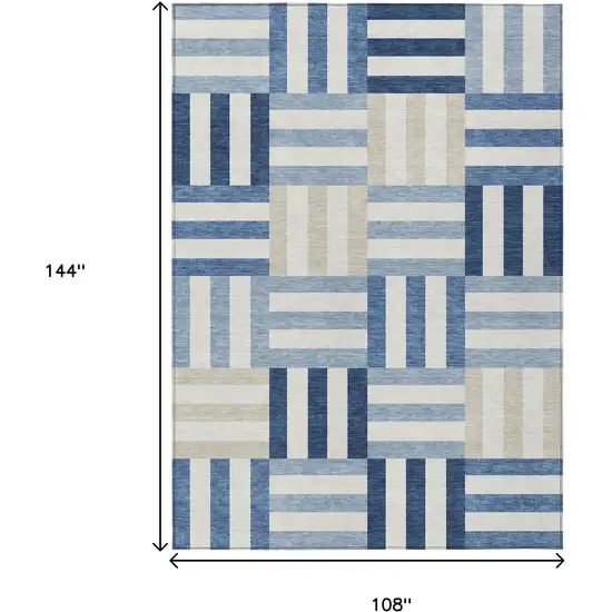 Navy Blue Ivory And Khaki Geometric Washable Indoor Outdoor Area Rug Photo 3