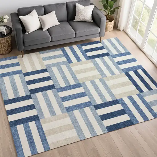 Navy Blue Ivory And Khaki Geometric Washable Indoor Outdoor Area Rug Photo 9